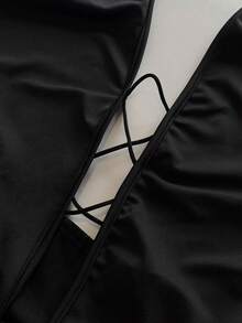 NU&NOW 大码女式性感交叉前开襟镂空露背无袖短款上衣，不对称下摆，适合休闲穿着；黑色夜店女式性感系带上衣；黑色Y2K风格吊带上衣 - 黑色 - 查看 8