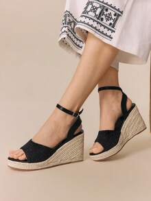 Styleloop Women's Casual Commute Vacation Versatile Solid Color Lace-Up Wedge Sandals, Suitable For Vacation Outfits And Vacation Outfits Travel Essentials Summer Shoes - Black - View 5