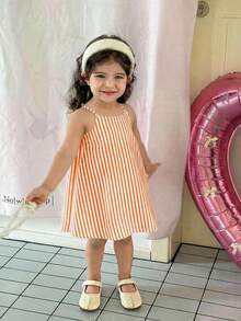 SHEIN LMoss Kids Baby Mädchen Lässig Süßes Sommer Rosa gestreiftes Kleid mit Schleife an den Trägern - Verschiedenfarbig - Übersicht 2