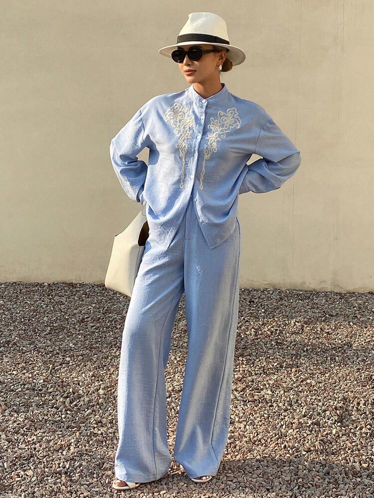 Women's Casual Vacation Style Colorblock Floral Print Shirt And Wide Leg Pants 2-Piece Set, Blue