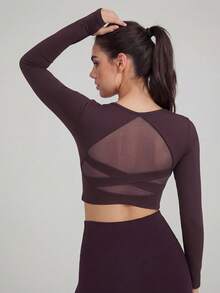 Anewsta 性感露背长袖瑜伽连体裤，胸部支撑设计，户外运动休闲上衣 - 淺灰紫 - 查看 5