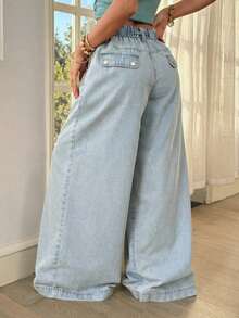 Breezaya 女士系带腰褶裥阔腿宽松休闲牛仔裤 - 藍色 - 查看 2