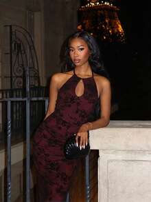 Mima John 女士露背中长纯色连衣裙，时尚夏季女装，适合女士生日派对穿着，修身连衣裙，派对礼服 - 彩色 - 查看 1