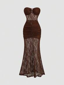 Sweetra Đầm maxi thanh lịch kiểu Y2K với ren, cúp ngực xếp ly và khóa kim loại, thích hợp cho kỳ nghỉ. - Cà phê - Xem 6