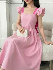 Teen Girl Elegant Round Neck Cap Sleeve Dress - Pink - View 9