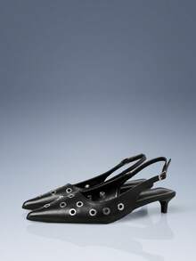 CUCCOO GRLICON Black Pointed Patent Leather Eyelet Design Kitten Heel Empty Women's Shoes - Black - View 1