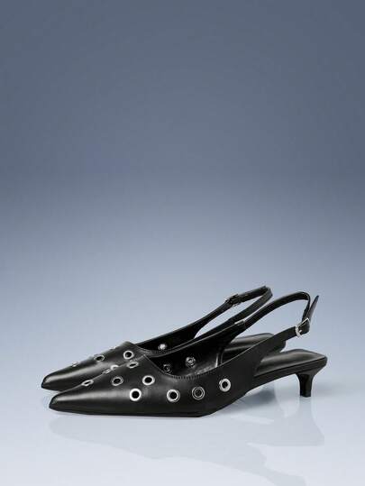 CUCCOO GRLICON Black Pointed Patent Leather Eyelet Design Kitten Heel Empty Women's Shoes