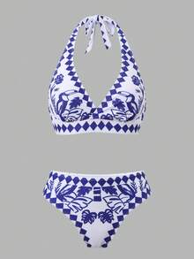 Swim Oasis 三件套女士泳装套装，春夏新款，欧美风，蓝白热带植物、椰子树、鹦鹉印花设计，挂脖系带上衣，常规泳裤，侧边系带罩裙，适合沙滩、泳池、度假穿着。三件套泳装，女士沙滩套装，泳装绿洲三件套。 - 藍白色 - 查看 5