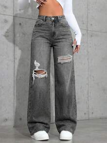 Quần jeans ống rộng cạp cao rách màu xanh denim đã giặt - Màu Xám nhạt - Xem 4