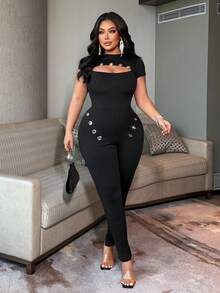 NU&NOW Sexy Hollow Out Design Peep Toe Splice Black Plus Size Jumpsuit - Black - View 1