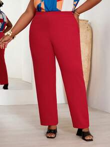 BrightlyHer 大码女式秋冬休闲日常酒红色长裤，带口袋，适合秋冬季外出穿着，2025新款，简约时尚，适合日常穿着，也适合圣诞节、新年、感恩节等节日穿着，松紧腰设计，休闲女裤。 - 紅色 - 查看 5