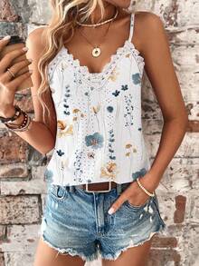 EMERY ROSE Women Elegant Textured Floral & Gray Print Lace Trim Camisole Top - Multicolor - View 6