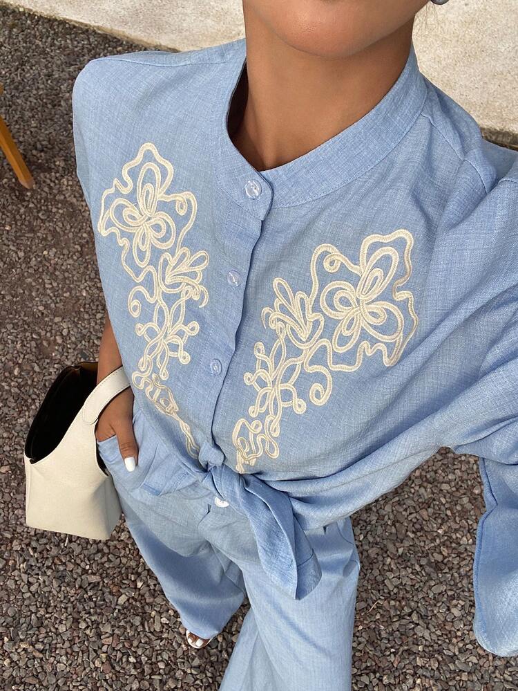 Women's Casual Vacation Style Colorblock Floral Print Shirt And Wide Leg Pants 2-Piece Set, Blue