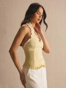 MUSERA V领荷叶边下摆收腰系带上衣，春夏舒适可爱日常少女风度假阳光社交节日 - 黃色 - 查看 3