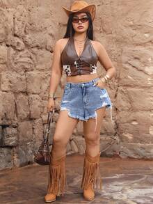 Jeanoix Quần short denim rách thời trang, đa năng, cỡ lớn, phong cách Y2K. - Rửa trung bình - Xem 4