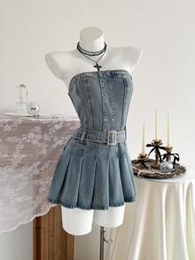 Elamini Women's Chicken Eye Design Pleated Hem Fashionable Strapless Denim Jumpsuit - Blue - View 1