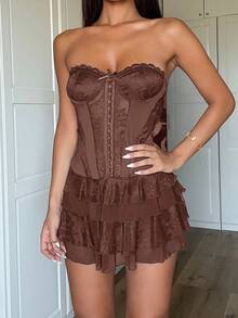 Ronhire Vintage Layered Lace Patchwork Bustier Waist Mini Dress - Coffee Brown - View 4