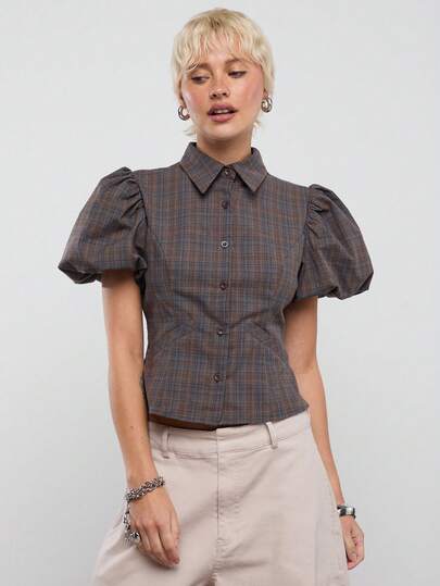 COUREZ Puff Sleeve Check Fitted Shirt /Y2K Spring Clothes For Women Street Streetwear Cute Going Out Outfits Casual Top Party Summer Top Summer Outfits