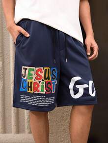 Men's Shorts, Urban Casual Solid Color Letter Print, Drawstring Waist Loose Relaxed Fit, Sports, Spring Summer - Navy Blue - View 7