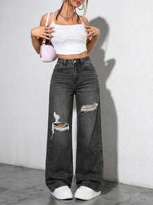 Washed Denim Blue High Waist Ripped Wide Leg Jeans - Dark Grey - View 4