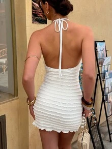 Avenya Women's Textured Fabric Backless Halter Neck Dress - Apricot - View 5