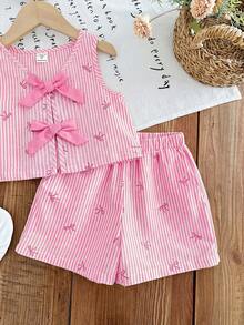 SHEIN 2pcs Young Girl Woven Striped Round Neck Top And Woven Shorts Set - Pink - View 5