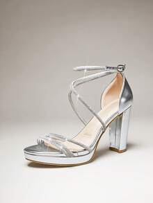 SHUZIA 女士圆头粗跟水晶绑带银色金属凉鞋 – 奢华闪耀，优雅合身，完美契合情人节场合 - 銀色 - 查看 3