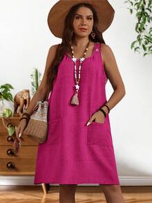 EMERY ROSE 大码女式纯色纽扣口袋休闲宽松日常外出连衣裙 - 玫紅色 - 查看 6