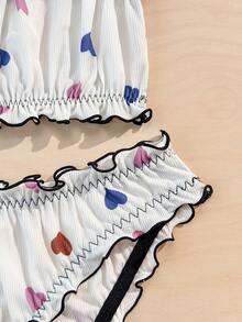 Cute Ribbed Heart Print Ruffle Trim Women's Bralette And Panty Set - Multicolor - View 5