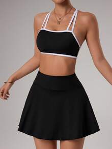 Gameset SHEIN Sport Conjunto esportivo feminino composto por top cropped sem costas com amarração nas costas e minissaia. - Preto e Branco - Ver 2