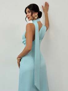 Firerie 女士优雅浪漫约会派对连衣裙，浅蓝绿色垂褶领口飘逸A字型度假长裙，婚礼宾客礼服，新款长裙，生日礼服，派对礼服，晚礼服，正式礼服 - 藍色 - 查看 2