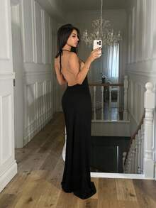 Ronhire 1件女士纯色针织露背吊带连衣裙，优雅女士连衣裙，黑色派对连衣裙 - 黑色 - 查看 2