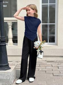 SHEIN Serisse Kids 少女休闲针织修身漏斗领褶皱不对称下摆短袖上衣，适合春夏返校季，可与妈妈亲子装搭配 - 藏蓝色 - 查看 5