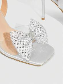 CUCCOO SZL Women's Rhinestone Bow Silver High Heel Sandals Square Toe Open-Toed Wedding Shoes Banquet Commuter Stiletto Shoes - Silver - View 4