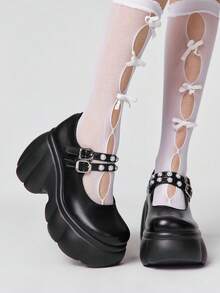 ROMWE Kawaii Women Heeled Sandals~ 2026 New Fashion Spring And Autumn Punk Style Dark Round Toe Thick Heel High Heels PU Patent Leather Low Vamp Shoes Super High Heel Double Breasted Small Leather Shoes Fashion Shoes Y2K - Black - View 1