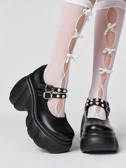 ROMWE Kawaii Women Heeled Sandals~ 2026 New Fashion Spring And Autumn Punk Style Dark Round Toe Thick Heel High Heels PU Patent Leather Low Vamp Shoes Super High Heel Double Breasted Small Leather Shoes Fashion Shoes