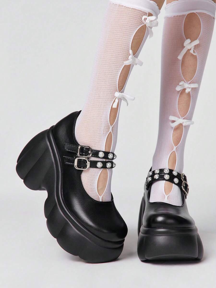 ROMWE Kawaii Women Heeled Sandals~ 2026 New Fashion Spring And Autumn Punk Style Dark Round Toe Thick Heel High Heels PU Patent Leather Low Vamp Shoes Super High Heel Double Breasted Small Leather Shoes Fashion Shoes Y2K - Black - View 1