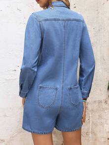 EMERY ROSE Women's Casual Front Button Denim Romper - Blue - View 6