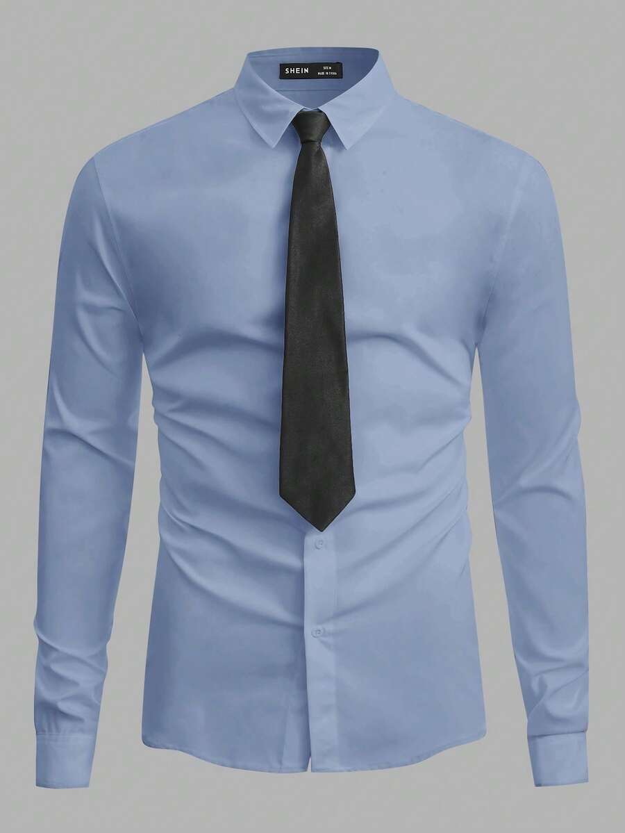 SWAVVY Loose Fit Men's Solid Color Button-Up Shirt With Tie Blue Men Dress Shirt Elegant Man Shirt - Blue - View 1