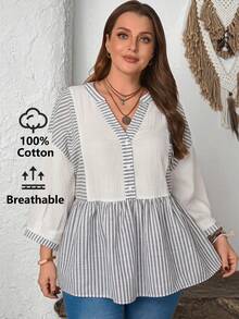 EMERY ROSE Blusa de mujer talla grande con rayas y patchwork, manga 3/4, blanca estilo boho para otoño y vacaciones, túnica casual, blusa elegante de negocios con volantes para verano - Multicolor - Ver 9