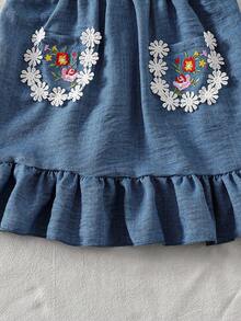 Đầm liền thân mùa hè mới cho bé gái, họa tiết hoa ngọt ngào, thêu không tay, thích hợp mặc hàng ngày, đi du lịch và dã ngoại. - Màu xanh lam - Xem 7