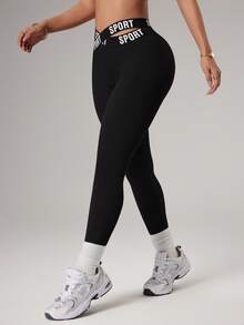 SHEIN Dewbera Women's Black Criss-Cross Waistband Seamless Skinny Casual Sports Leggings, Ribbed Texture Yoga Fitness Tights - Black - View 5