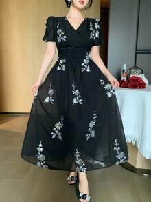 DAZY 女士优雅花卉亮片V领花瓣袖褶皱中长连衣裙，夏季婚礼宾客礼服，女士吊带裙 - 黑色 - 查看 10