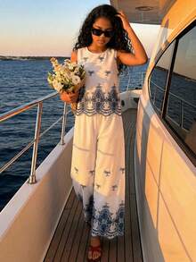 Tween Girl Floral Hollow-Out Embroidery Round Neck Camisole And Wide-Leg Pants Casual Suit - Black and White - View 4