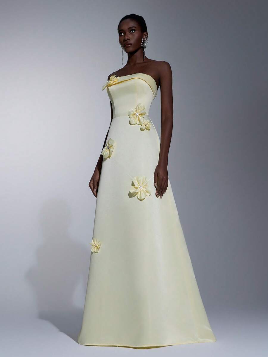 Elitara Elegant Formal Butter Yellow Spring Prom Wedding Satin Gown Handcrafted 3D Floral Strapless Back Tie A-Line Evening Dress With Short Train