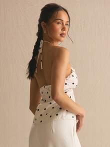 MUSERA Polka Dot Lace Trim Cut Out Halterneck Top Spring Summer Cosy Cute Daily Girly Vacation Sunlight Social - White - View 4