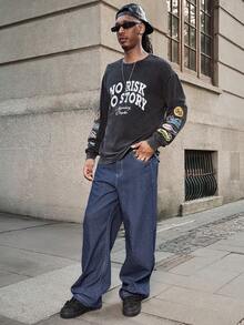 GALLERY FADE 男士休闲标语印花圆领长袖 T 恤，秋季 - 黑色 - 查看 3