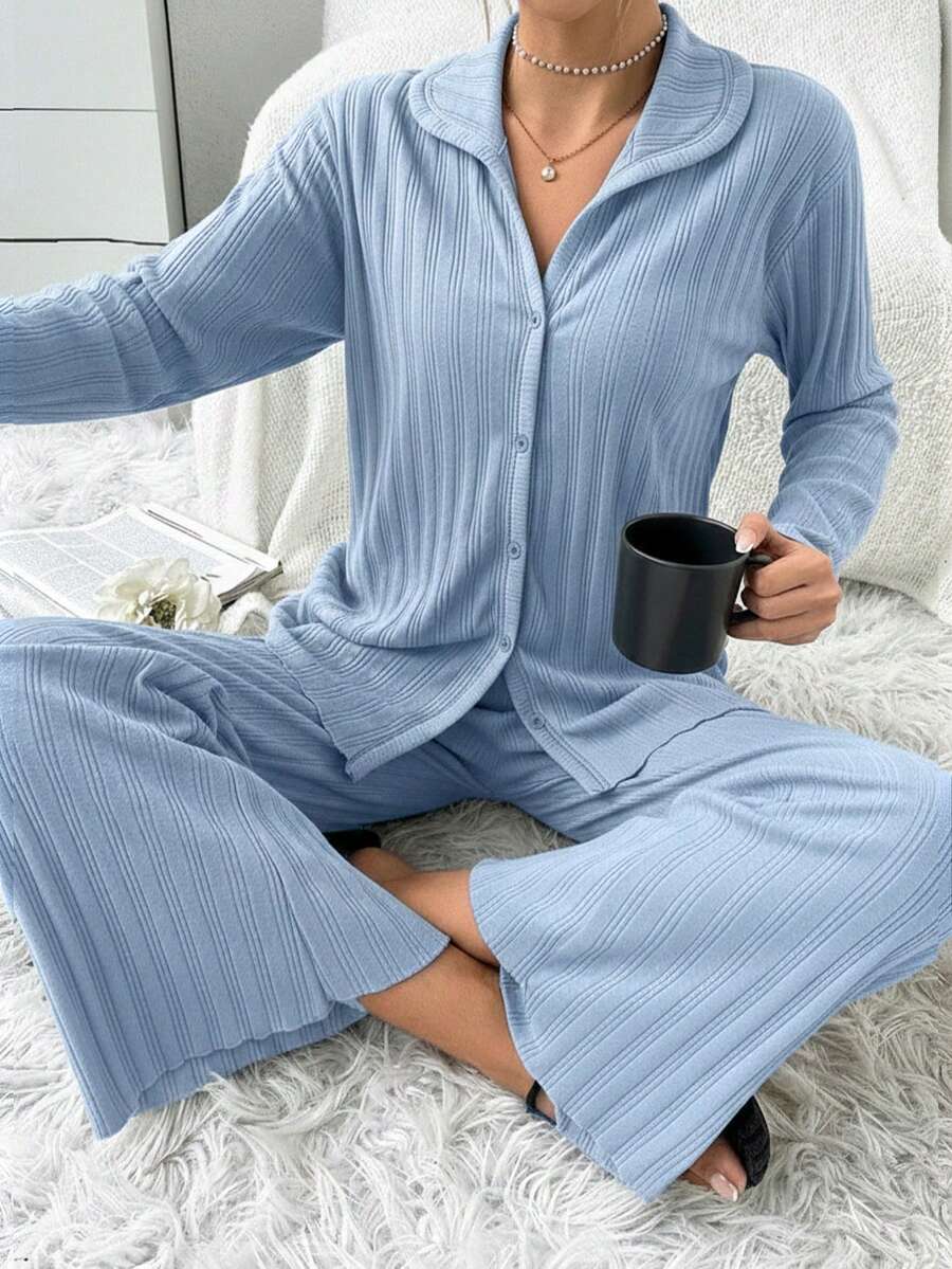 EURMUSE Plus Size Women 2pcs Set Open Front Contrast Stitching Ribbed Long Sleeve Top And Pants Pajamas - Blue - View 1