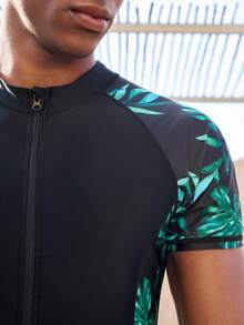 Manfinity VDAYZ Men's Summer Matching Couple Men Vacation Beach Leaf Print Raglan Sleeve One-Piece Swimsuit - Black - View 5