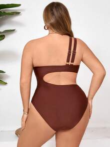 SHEIN CURVE+ Maiô de uma peça com decoração dourada em tecido na cor camelo para mulheres plus size, para praia - Caramelo - Visão 2